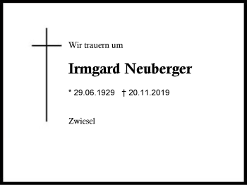 Traueranzeige von Irmgard Neuberger von Region Berchtesgadener Land