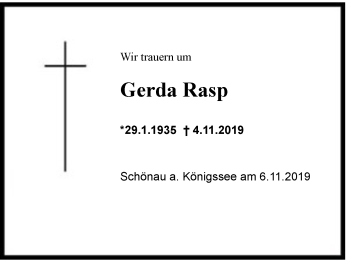 Traueranzeige von Gerda Rasp von Region Berchtesgadener Land