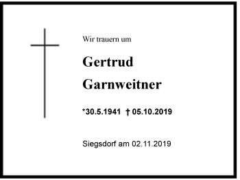 Traueranzeige von Gertrud Garnweitner von Region Chiemgau