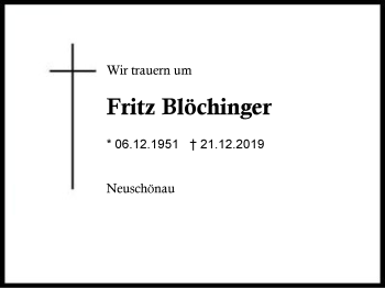 Traueranzeige von Fritz Blöchinger von Region Berchtesgadener Land