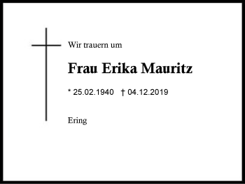 Traueranzeige von Erika Mauritz von Region Berchtesgadener Land