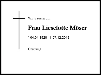 Traueranzeige von Lieselotte Möser von Region Berchtesgadener Land