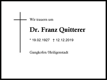 Traueranzeige von Franz Quitterer von Region Berchtesgadener Land