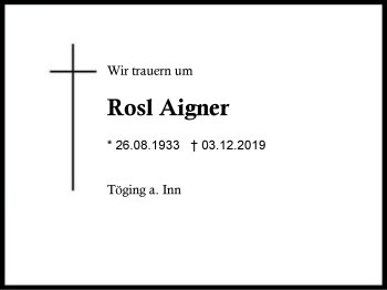 Traueranzeige von Rosl Aigner von Region Berchtesgadener Land