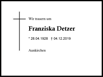 Traueranzeige von Franziska Detzer von Region Berchtesgadener Land