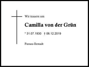 Traueranzeige von Camilla von der Grün von Region Berchtesgadener Land