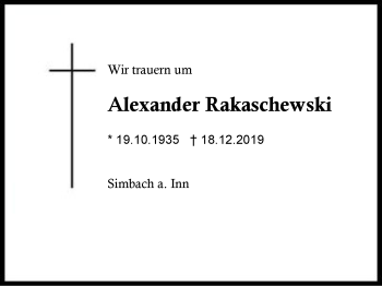 Traueranzeige von Alexander Rakaschewski von Region Berchtesgadener Land