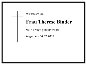 Traueranzeige von Therese  Binder von Region Berchtesgadener Land