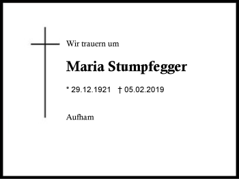 Traueranzeige von Maria Stumpfegger von Region Berchtesgadener Land