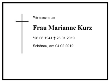 Traueranzeige von Marianne Kurz von Region Berchtesgadener Land