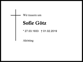 Traueranzeige von Sofie Götz von Region Berchtesgadener Land