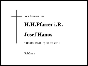 Traueranzeige von Josef Hanus von Region Berchtesgadener Land