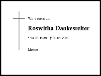 Traueranzeige von Roswitha Dankesreiter von Region Berchtesgadener Land