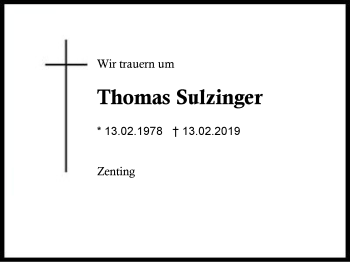 Traueranzeige von Thomas Sulzinger von Region Berchtesgadener Land