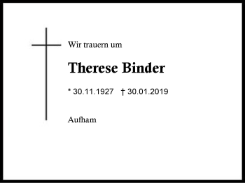 Traueranzeige von Therese Binder von Region Berchtesgadener Land