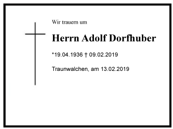 Traueranzeige von Adolf Dorfhuber von Region Chiemgau