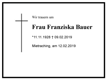 Traueranzeige von Franziska  Bauer von Region Chiemgau