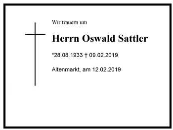 Traueranzeige von Oswald Sattler von Region Chiemgau