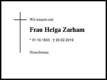 Traueranzeige von Helga Zarham von Region Berchtesgadener Land