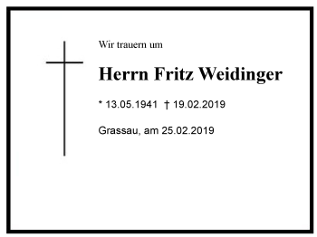 Traueranzeige von Fritz Weidinger von Region Chiemgau