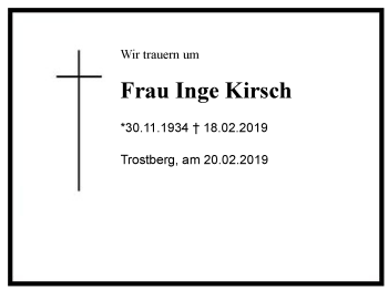 Traueranzeige von Inge Kirsch von Region Chiemgau