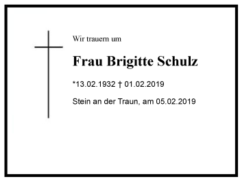 Traueranzeige von Brigitte Schulz von Region Chiemgau