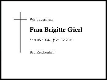 Traueranzeige von Brigitte Gierl von Region Berchtesgadener Land