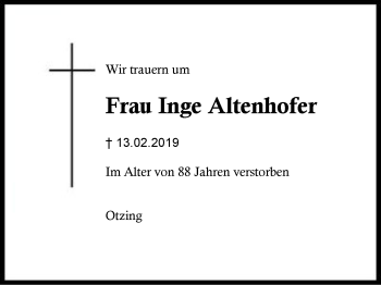 Traueranzeige von Inge Altenhofer von Region Berchtesgadener Land