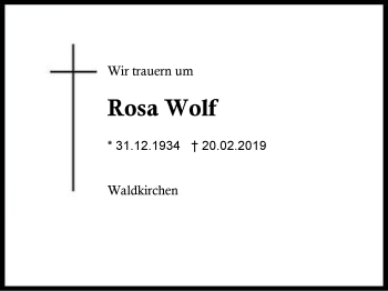 Traueranzeige von Rosa Wolf von Region Berchtesgadener Land