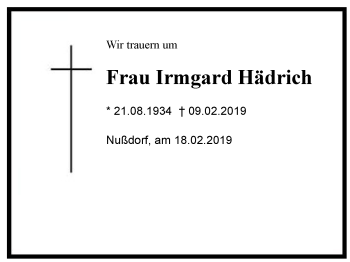 Traueranzeige von Irmgard Hädrich von Region Chiemgau