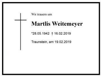 Traueranzeige von Martlis Weitemeyer von Region Chiemgau