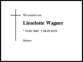 Traueranzeige von Lieselotte Wagner von Region Berchtesgadener Land