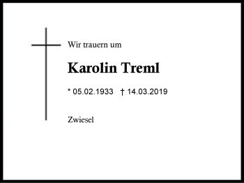 Traueranzeige von Karolin Treml von Region Berchtesgadener Land