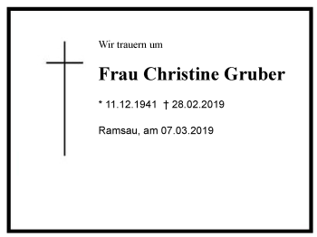 Traueranzeige von Christine  Gruber von Region Berchtesgadener Land