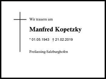 Traueranzeige von Manfred Kopetzky von Region Berchtesgadener Land