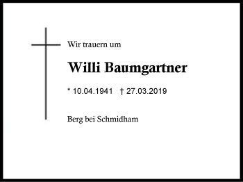 Traueranzeige von Willi Baumgartner von Region Berchtesgadener Land