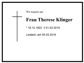 Traueranzeige von Therese  Klinger von Region Chiemgau