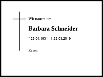 Traueranzeige von Barbara Schneider von Region Berchtesgadener Land