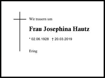 Traueranzeige von Josephina Hautz von Region Berchtesgadener Land