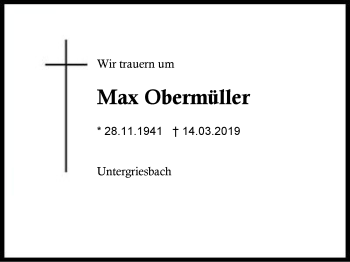 Traueranzeige von Max Obermüller von Region Berchtesgadener Land