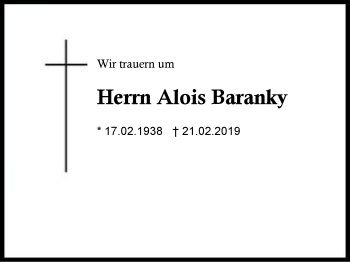 Traueranzeige von Alois Baranky von Region Berchtesgadener Land