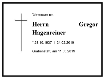 Traueranzeige von Gregor Hagenreiner von Region Chiemgau