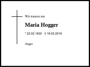 Traueranzeige von Maria Hogger von Region Berchtesgadener Land