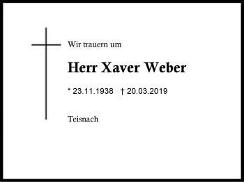 Traueranzeige von Xaver Weber von Region Berchtesgadener Land