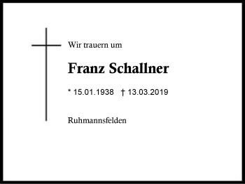 Traueranzeige von Franz Schallner von Region Berchtesgadener Land
