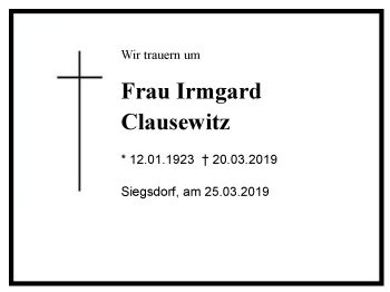 Traueranzeige von Irmgard Clausewitz von Region Chiemgau