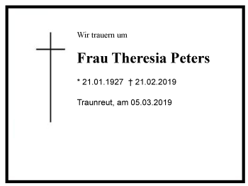 Traueranzeige von Theresia  Peters von Region Chiemgau