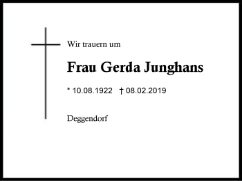 Traueranzeige von Gerda Junghans von Region Berchtesgadener Land