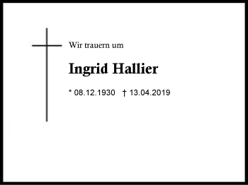 Traueranzeige von Ingrid Hallier von Region Berchtesgadener Land