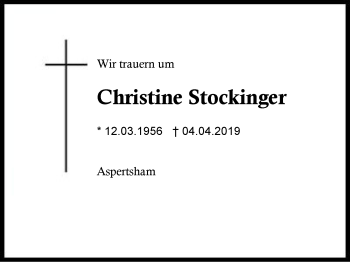 Traueranzeige von Christine Stockinger von Region Berchtesgadener Land